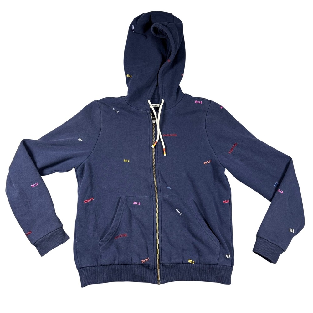 Marine‎ Layer Womens Navy Blue Hello Embroidered Zip Up Hoodie Small Languages